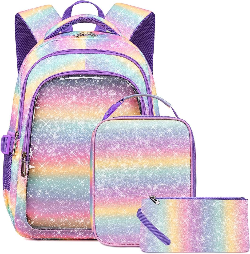 Unicorn Girls Backpack with Lunch Box for Kids Gradient Rainbow Glitter Bookbag for Age 4-6 6-8 8-10 School Bag for Primary Kindergarten Elementary Pre School Aesthetic Lightweight Mochila Para Nias (Macaron)