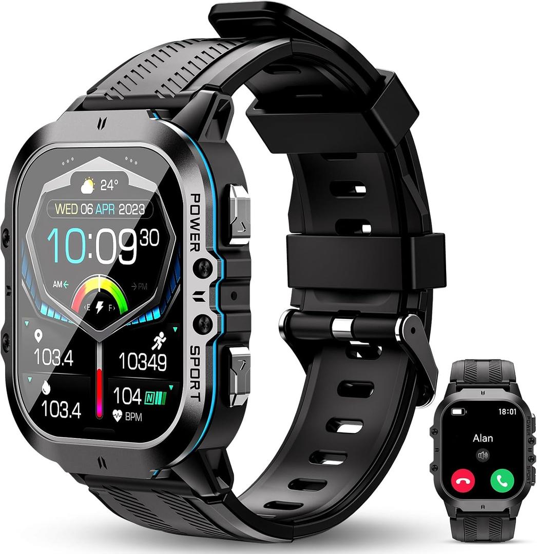 OUKITEL BT20 Military Smart Watch for Men Women, 50M Waterproof Rugged Fitness Tracker, Bluetooth Call, Voice Assistant, 1.96 Inch Touchscreen, 100+ Sports Modes, 24H Health Monitor, for iOS/Android