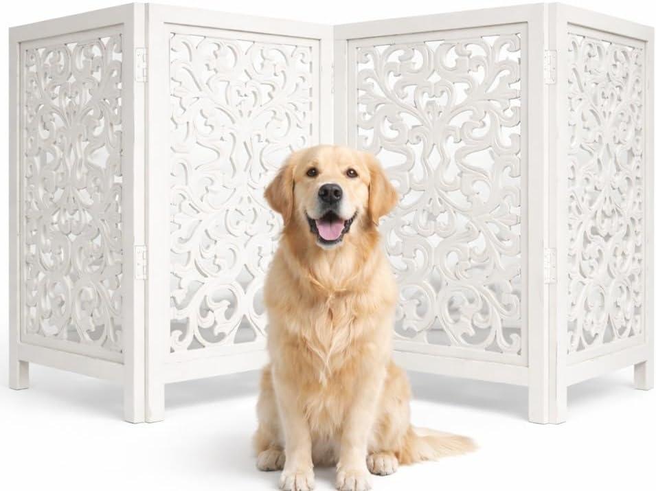 Free Standing Dog Gate 4 Panel Foldable Wooden pet gate Indoor 72" W x 24" H, Hand-Carved Solid Wood & MDF, Portable Indoor Gate for Doorways, Halls, Stairs Fully Assembled, Antique White