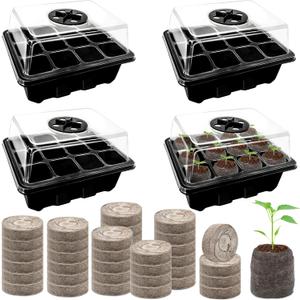 Halatool Seed Starter Kit 4 Pack 48 Cells Black Seed Starter Tray with 50 PCS Peat Pellets for Seedlings Organic Seed Stater Soil Pods for Planting Vegetables Plants Flowers & Starting Seeds