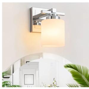 1 Light Modern Bathroom Light Fixtures Over Mirror, Chrome Vanity Lights for Bathroom Wall Sconces with Milky White Glass Shades, E26 Socket