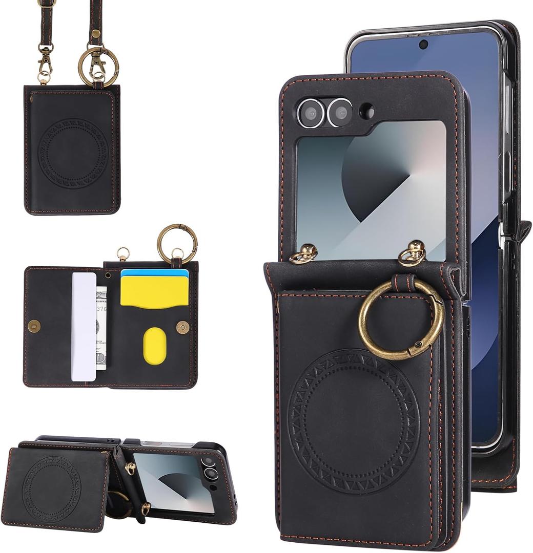 Compatible with Samsung Galaxy Z Flip 5 5G 2023 Wallet Case and Crossbody Shoulder Strap Ring Buckle Stand Card Holder Magnetic Car Mount Phone Cover for ZFlip5 Z5 G Flip5 ZFlip 5Z Women Men Black