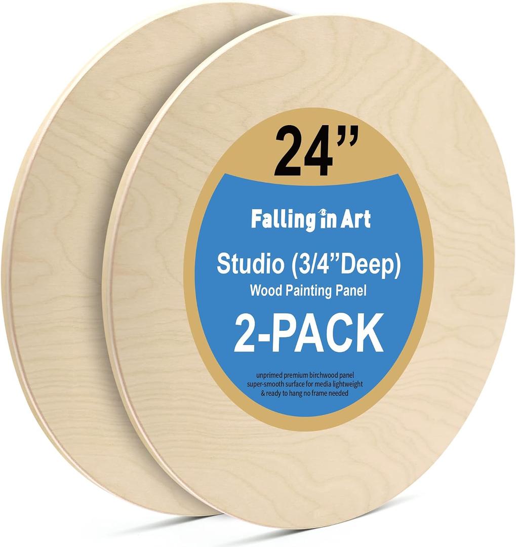 Falling in Art Unfinished Round Birch Wood Panels Kit for Painting, Wooden Canvas 2 Pack of 24 Studio 3/4" Deep, Cradle Boards for Pouring, Art, Crafts, Burning and More