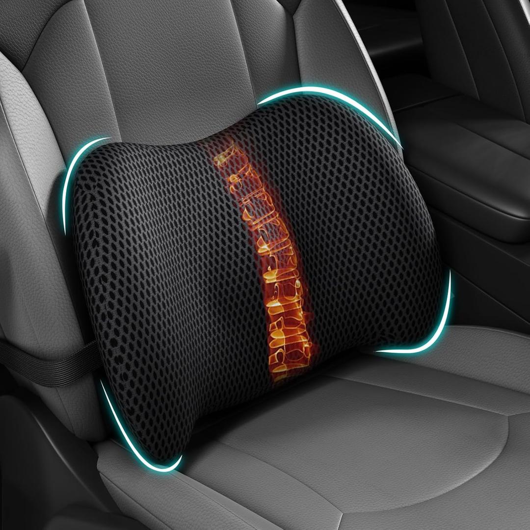 BYMECOST Lumbar Support Pillow for Car, Memory Foam Car Seat Back Support Pillow for Driving, Back Cushion with Strap for Pain Relief, Ergonomic Back Cushion for Office Chair, Wheelchair (Black)