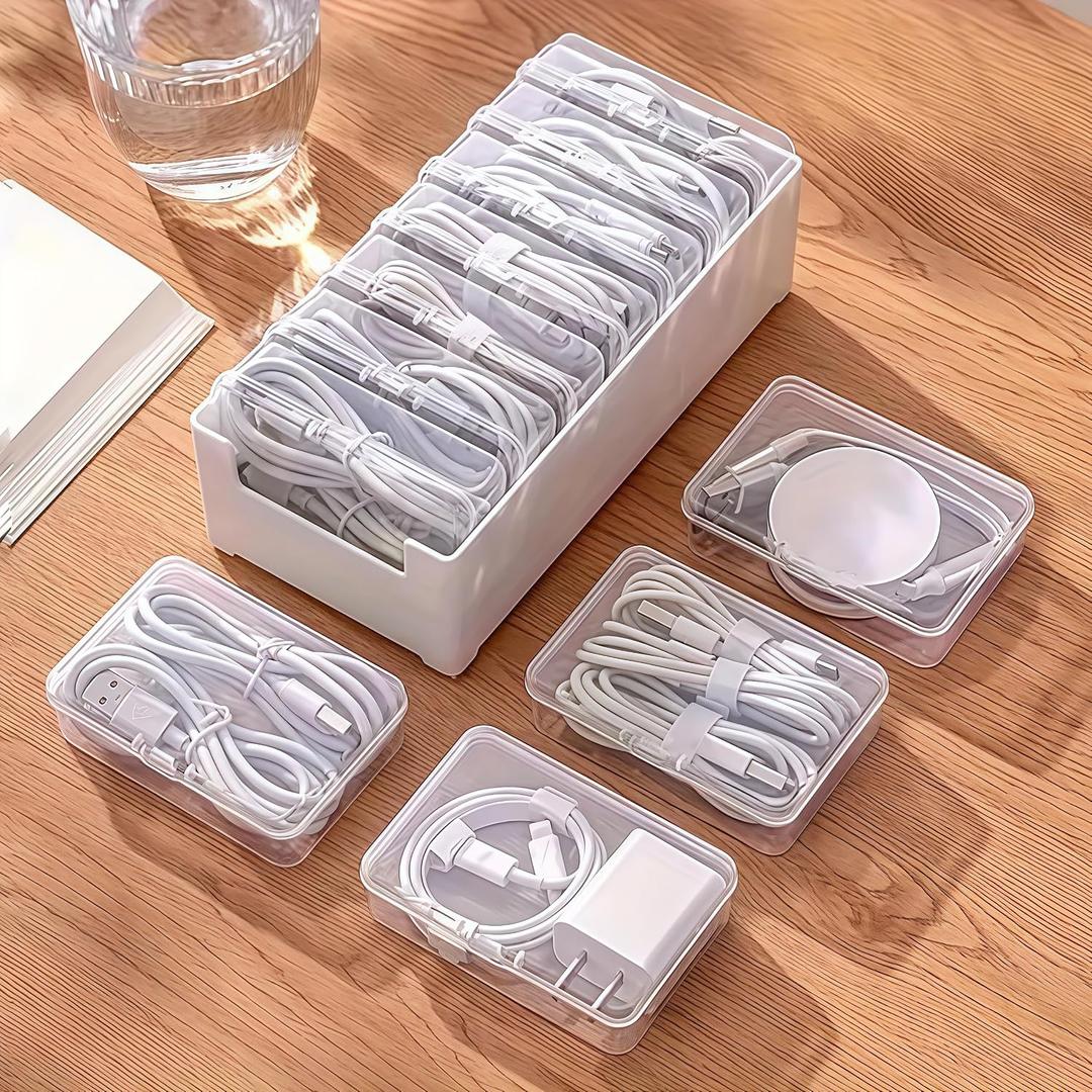 7 Box Cable Organizer Storage Box, Desktop Cable Management with Switch, Power Cord Organizer for Office, Home, Desk Accessories Storage Stationery Supplies and Accessories（Clear)
