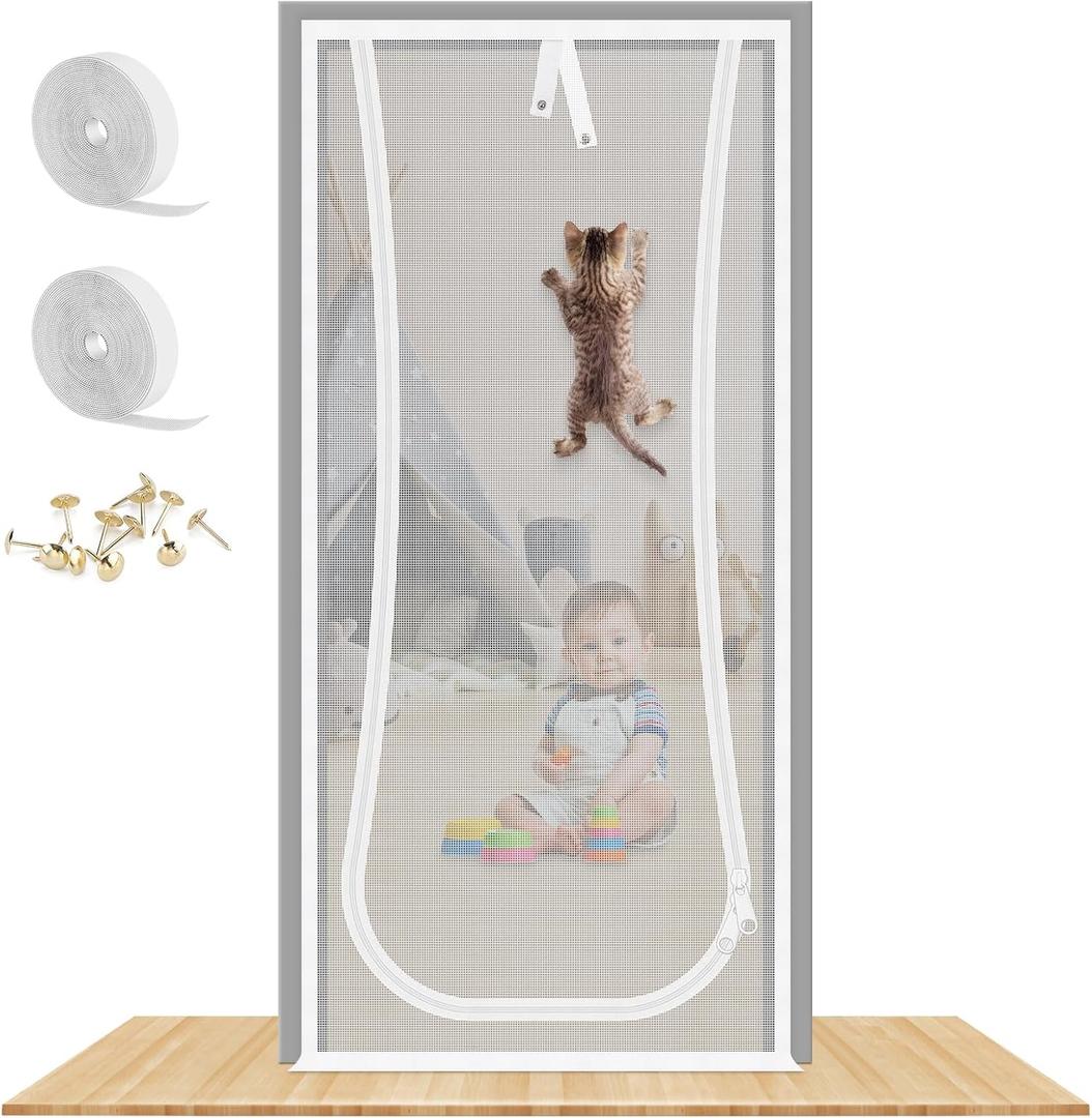 New Reinforced Cat Screen Door, Fits Door Size 38''x 81'' Heavy Duty Pets Proof Screen Door with Bilateral Zipper, Prevent Dogs Cats Running Out from Home, Bedroom,Living Room, Kitchen Patio Door