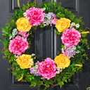 Livole Spring Wreaths for Front Door 24 Inch Large Spring Summer Door Wreath with Sash, Artificial Flower Wreath with Peony Rose Daisy for Indoor Outdoor Home Wall Farmhouse Patio Porch Window Decor