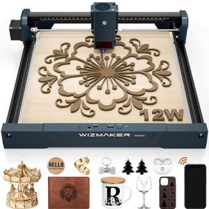 WIZMAKER Wand 12W Laser Engraver, 300300mm High-Power Diode Laser Cutter for Wood, Leather, Paper, MDF, Felt, Coated Metals, Dark Acrylic, DIY, Small Business Projects