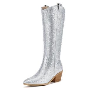 IDIFU IN3 Rhinestone Cowboy Boots For Women Knee High Western Cowgirl Boots Pointed Toe Block Chunky Heels Sparkly Glitter Long Tall Dress Booties Party Bling Shiny Boots(Rhinestone, 8)