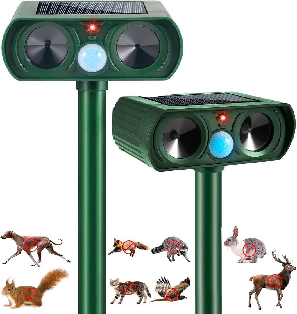 2026 Upgraded Solar Ultrasonic Animal Repellent Cat Deterrent Outdoor Deer Repellent Devices Motion Detection,Waterproof Squirrel Skunk Raccoon Dog Rabbit Deterrent for Garden Yard,2 Pack