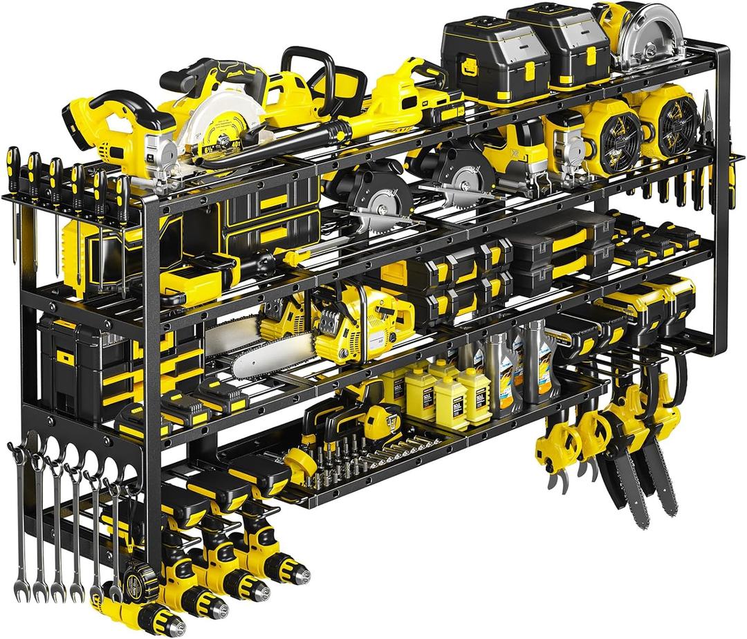 POKIPO Extra Large 64" W Power Tool Organizer Wall Mount, 1000 lbs Load Capacity, Heavy Duty 4 Tier Garage Storage Rack with 8 Drill Holders, 2 in 1 Corner or Straight Installation