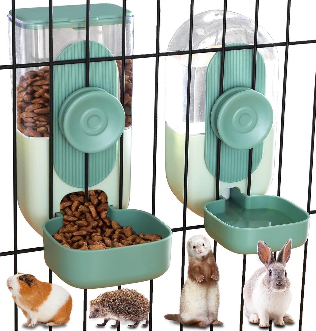 Kenond 35oz Hanging Automatic Pet Food Water Dispenser, Auto Gravity Pet Feeder and Waterer Set, Cage Cat Food Bowl Dog Feeding Station for Puppy and Kitten Rabbit Chinchilla Hedgehog Ferret (Green)