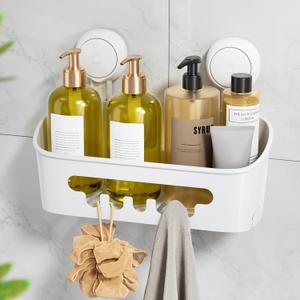 LEVERLOC Shower Caddy Suction Cup, Shower Organizer Removable Bathroom Shelf, Storage Suction Powerful Max Hold 22lbs Bathroom Caddy Waterproof Holder, White