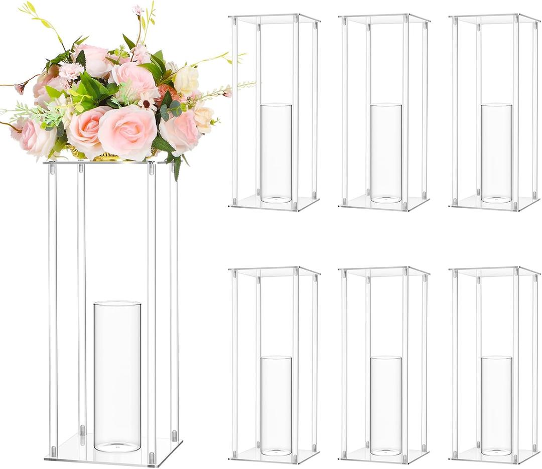 Sieral 6 Sets 20'' Tall Clear Acrylic Flower Vase Wedding Centerpieces Flowers Stand with Glass Candle Holders Cylinder Vases, Clear Flower Vases for Table Centerpiece Wedding Home Decor