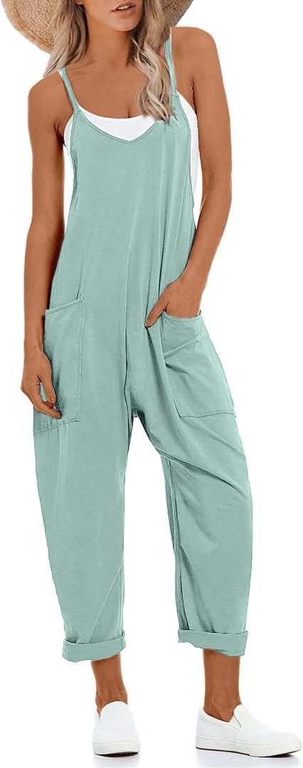 Lentta Women's Causal Jumpsuits V Neck Sleeveless Harem Overalls Stretchy Adjustable Strap Romper with Pockets (Teal)