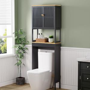 Over The Toilet Storage Cabinet with Breathable Bamboo Doors, 3-Tier Bathroom Organizer Above Toilet, Freestanding Space Saver Rack with Adjustable Bottom Bar & Shelf, 24" x 70", Black & Natural