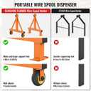 Portable Wire Spool Rack Cable Caddy - Steel Dispenser Holder With Wheels for up to 28" Diameter Spools, 220 Lbs Capacity (Orange)