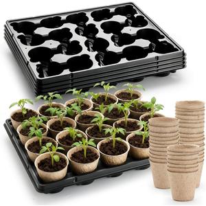RooTrimmer 3.15 Inch Peat Pots 100 Pcs with 20 Cell Seedling Trays 5 Pcs, Biodegradable Seed Starter Pots with Drainage, Reusable Nursery Tray for Seed Starting Indoor Gardening Propagation Kit 5 Sets (Black)