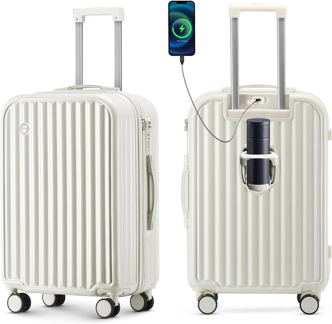 Hardside Carry On Luggage with Spinner Wheels and Built-in TSA Lock Durable Suitcase Rolling Luggage with USB Port cup holder Carry-On 20Inch (White) (20in-White)
