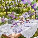 150 Pcs Floral Plates and Napkins, Light Purple and White Floral Tea Party Supplies Include Hydrangea Flower Gingham Plates Napkins for Garden Party, Bridal Baby Shower, Spring Party