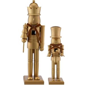 Weysat 2 Pcs Neutral Christmas Nutcracker Figure Gold Wooden Nutcracker Figures with Velvet Bow Christmas Ornament for Xmas Festival Party Gift Shelves Table Desktop Fireplace Decor, 10inch, 15inch