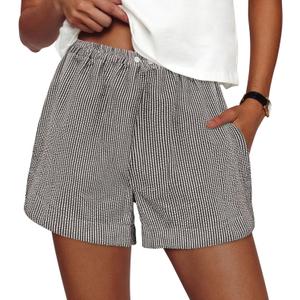 PRETTYGARDEN Women's Striped Boxer Shorts Summer 2025 Trendy Casual Elastic Waist Lounge Sleep Pajama Bottoms Beach Shorts (Striped Black White) S