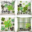 Spring Lucky Shamrock Throw Pillow Covers Green Clovers Pillowcase Watercolor Stripes Blessed Holiday Farmhouse Decorative Cushion Cases for Home Decoration 18x18 Set of 4