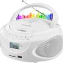 Gelielim Portable CD Player Boombox with Bluetooth, AM/FM Radio, Stereo Sound, Top-Loading CD Player for Home, Supports USB/AUX/Headphone Jack, AC/Battery Powered, Ideal for Kids Elderly (White)