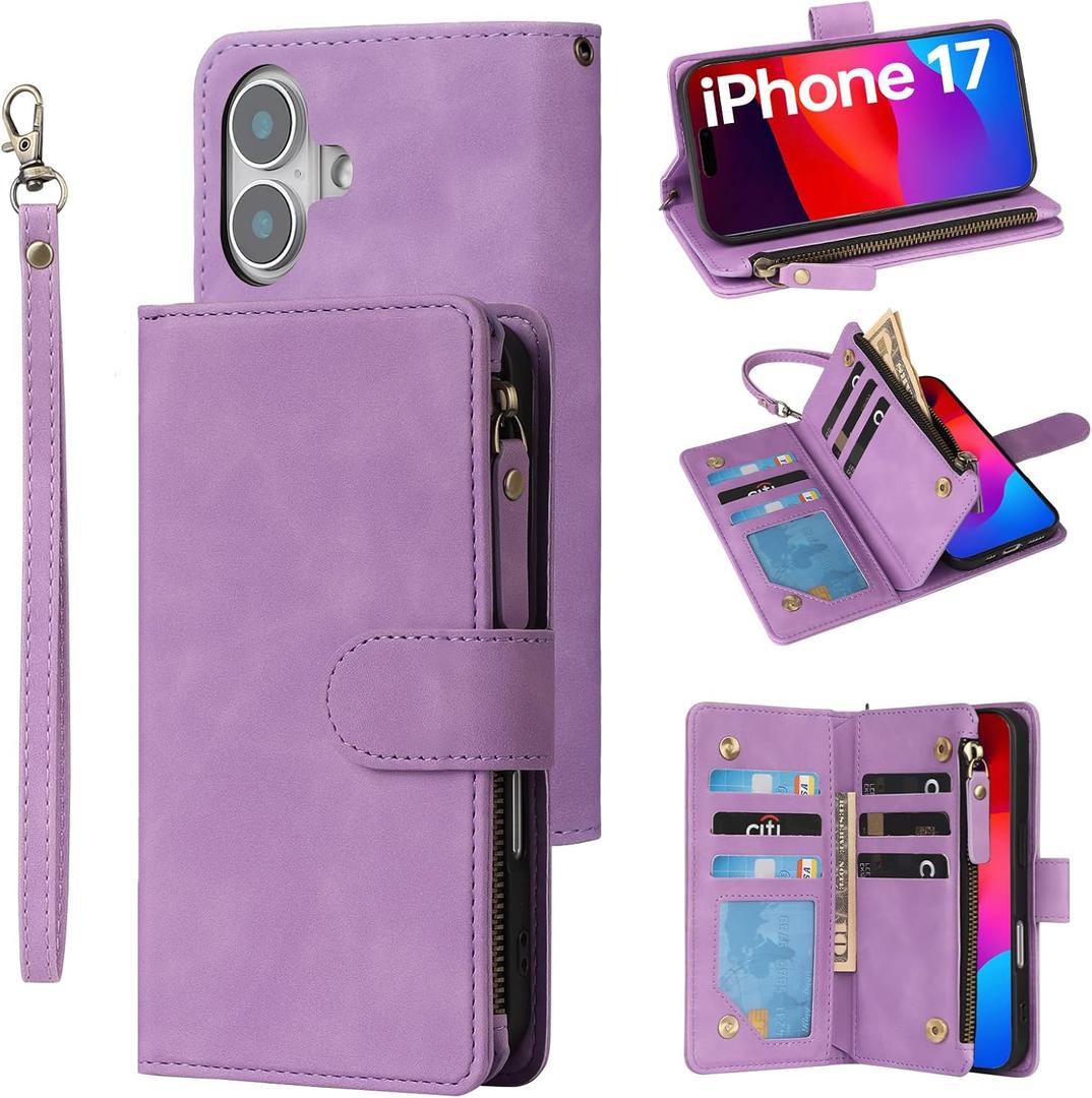 RANYOK Wallet Case Compatible with iPhone 17 Case, with 6 Card Holder RFID Blocking, PU Leather Zipper Flip Wallet Pocket, Kickstand, Wrist Strap | Protective Phone Cover for 17, Purple
