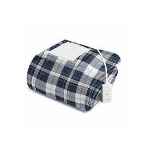 Sunbeam Microplush Sherpa Electric Heated Throw Blanket-Blue/White Plaid 60×70"