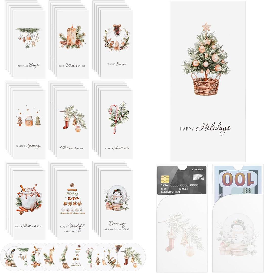 50 Sets Christmas Gift Card Holder for Cash Boho Rustic Christmas Card Money Holder Xmas Cards Bulk with Envelopes and Stickers for Friends Family Holidays Xmas