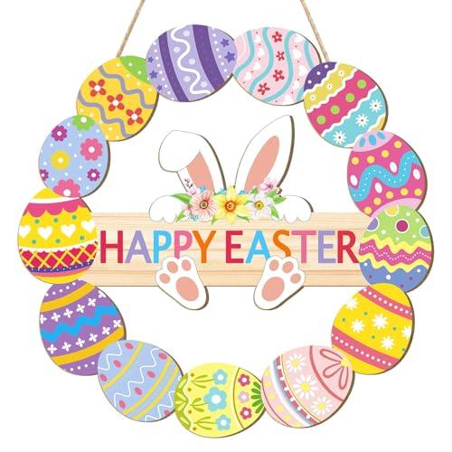 Easter Decorations Easter Door Wreath Hollow Bunny Wooden Spring Sign for Front Door Rabbit Decor with Flower Egg Happy Easter Welcome Hanging for Home Wall Indoor Outdoor Decor 2 Pack