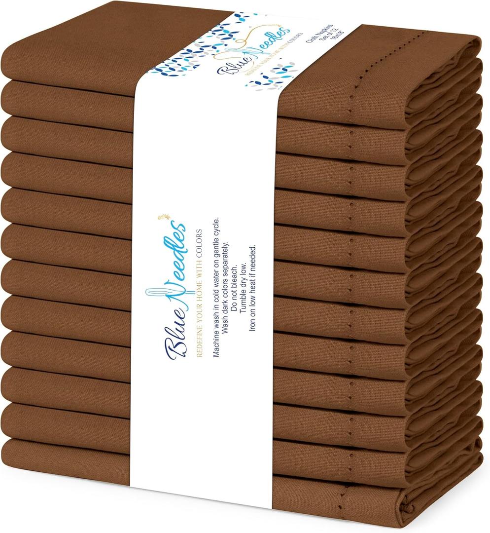 Blue Needles Set of 12 Hemstitch Linen Napkins 100% Cotton Nut Brown Cloth Dinner Napkins 18x18 inches, Soft, Reusable, Absorbent, Washable, Ideal for Christmas Events, Parties & Everyday Use