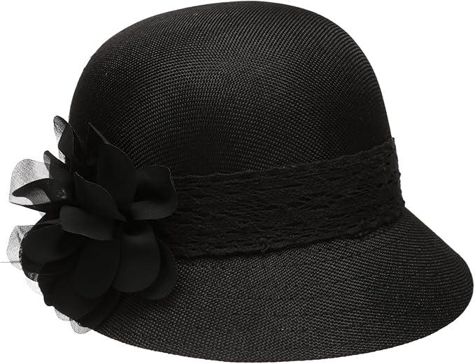 Women's Gatsby Linen Cloche Hat with Lace Band and Flower, Color: Black, one size