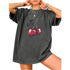 Women's Cherry Graphic Tees Top Crewneck Short Sleeve Baggy T Shirt (Medium, Dark Grey)