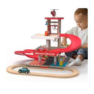 Toy Car Garage with Rails, Wooden Parking Garage Toy Playset w/Elevator, Toddler Race Car Ramp Track Toy Set with 4 Mini Cars for Old Boys and Girls Kids Ages 3+ Birthday Gift Christmas