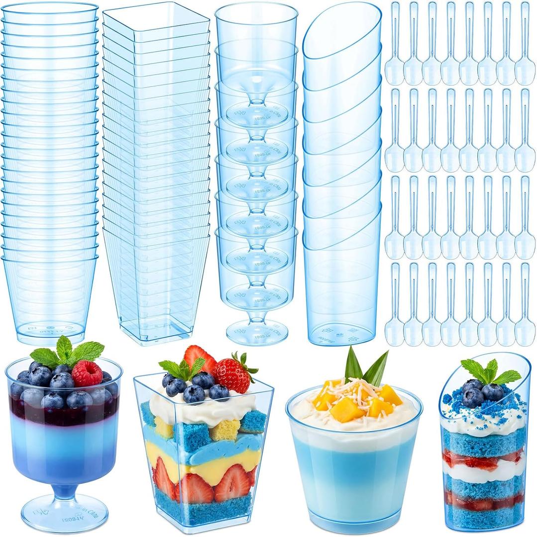 Funnymoom 300 Pack Clear Blue Mini Dessert Cups with Spoons 5oz 3oz Plastic Square Slanted Parfait Appetizer Shooter Round Goblet for Dessert Table Birthday Party Ice Cream Pudding Mousse Yogurt