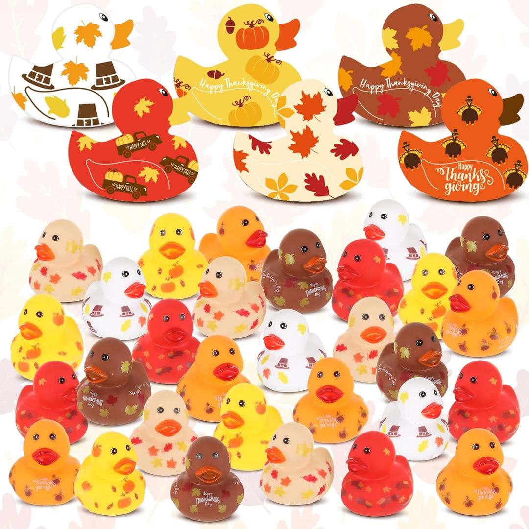 Lenwen 36 Pcs Thanksgiving Turkey Rubber Ducks Bulk 2 Inch Fall Duckies for Friendsgiving Thankful Dinner Party Activity Supplies Table Decorations