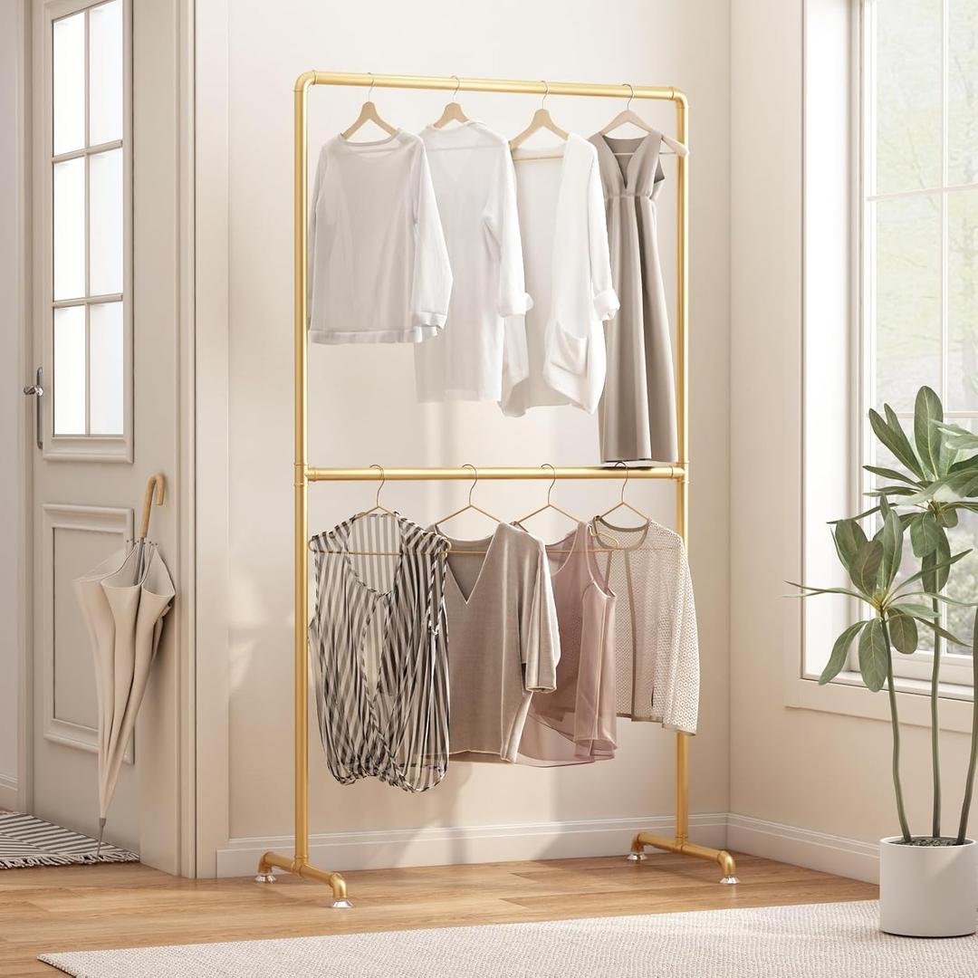 Industrial Pipe Clothing Rack, Heavy Duty Metal Clothes Rack with Double Rods, Freestanding Garment Rack for Bedroom Boutique Retail Use (Gold)