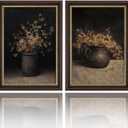 Framed Vintage Floral Wall Art, Rustic Dark Moody Flower Paintings Wall Decor, Cottagecore Botanical Vase Wall Decor, Retro Farmhouse Botanical Pictures Aesthetic Home Decor for Living Room Bedroom(D, 16x24in, Framed)