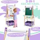 3-in-1 Kids Art Easel Set, Height Adjustable Magnetic Whiteboard & Chalkboard with Painting Paper Roll, Wooden Dual-Sided Art Station for Toddlers & Children Ages 3-8 (Art Supplies Included), 7 x 22 x 50 inches