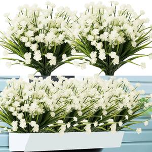 Outdoor Artificial Fake Flowers - 8 Bundles Plastic Flowers Outdoors Plants UV Resistant Faux Flowers for Indoor Outdoor Garden Hanging Porch Window Box Wedding Decor(White)