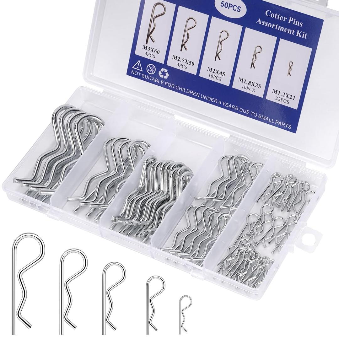 50PCS Cotter Pins, Cotter Pin Assortment Kit, Heavy Duty R Clips Hardware Pins, Spring Fasteners Hitch Pin for Trailer Locking, Lawn Mowers, Trucks, Mechanics and DIY Choice