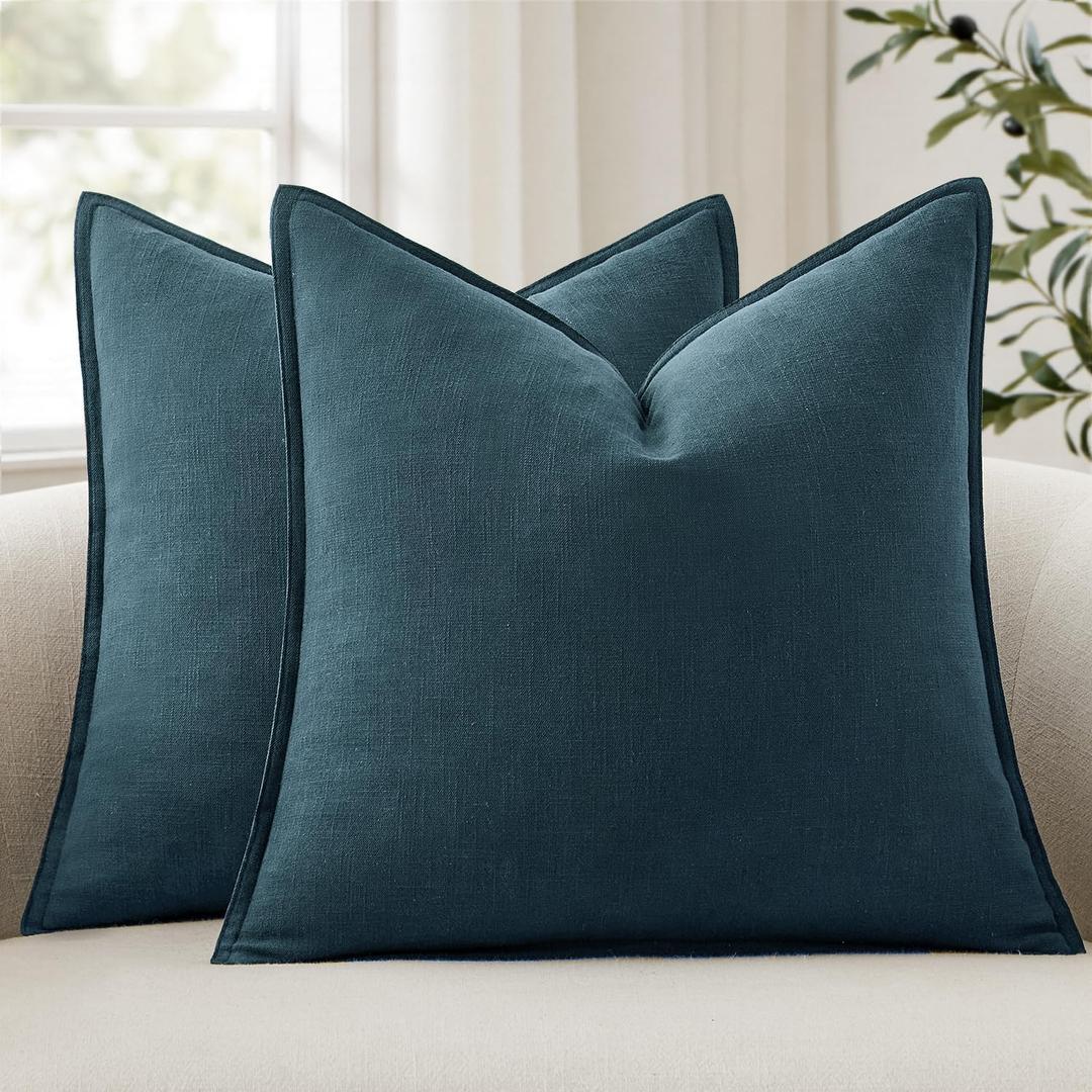 ANRODUO Pack of 2 Decorative Linen Pillow Covers Dark Blue Euro Sham Neutral Farmhouse Boho Soild Cushion Case Soft Accent Pillowcase for Couch Sofa Bedroom Living Room Home Decor 24 x 24 Inch