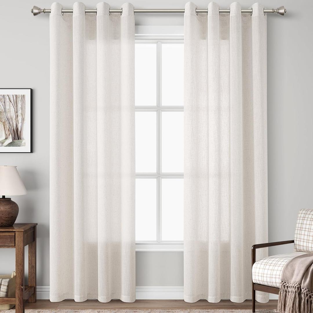 Beige Linen Curtains 84 Inch Length for Living Room 2 Panels Semi Sheer Light Filtering Linen Drapes for Bedroom Window Cloth Textured Cozy Lightweight Farmhouse Boho Curtain Apricot White 52x84