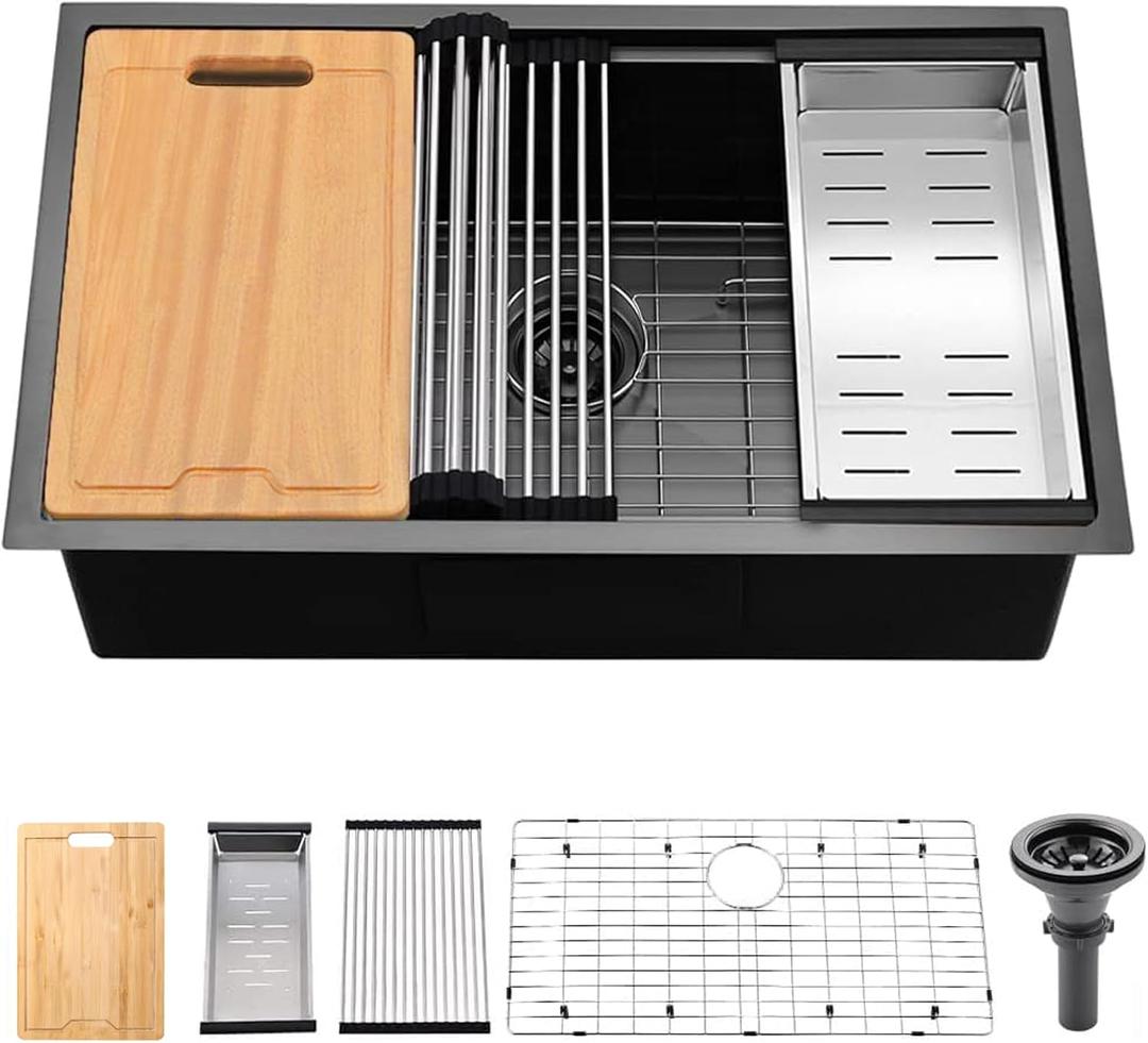33 Inch Black Stainless Steel Undermount Kitchen Sink, 33x19 Gunmetal Black Single Bowl Workstation Sink with Cutting Board