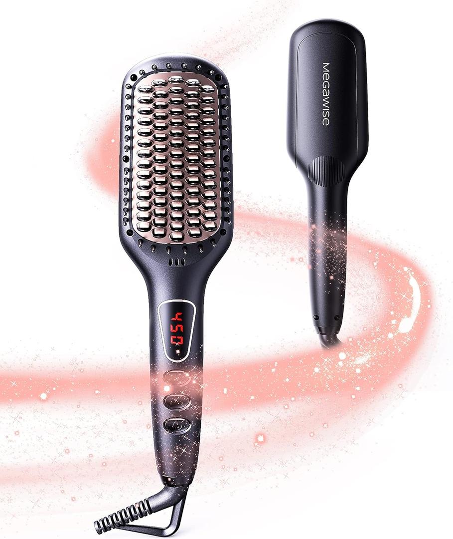 MEGAWISE Pro Ceramic Ionic Hair Straightener Brush for Home Salon, Straightening Hair Brush with 20s Heating Tech, Auto-Off, Anti-Scald with Universal Dual Voltage, Rotatable Power Cord, Black