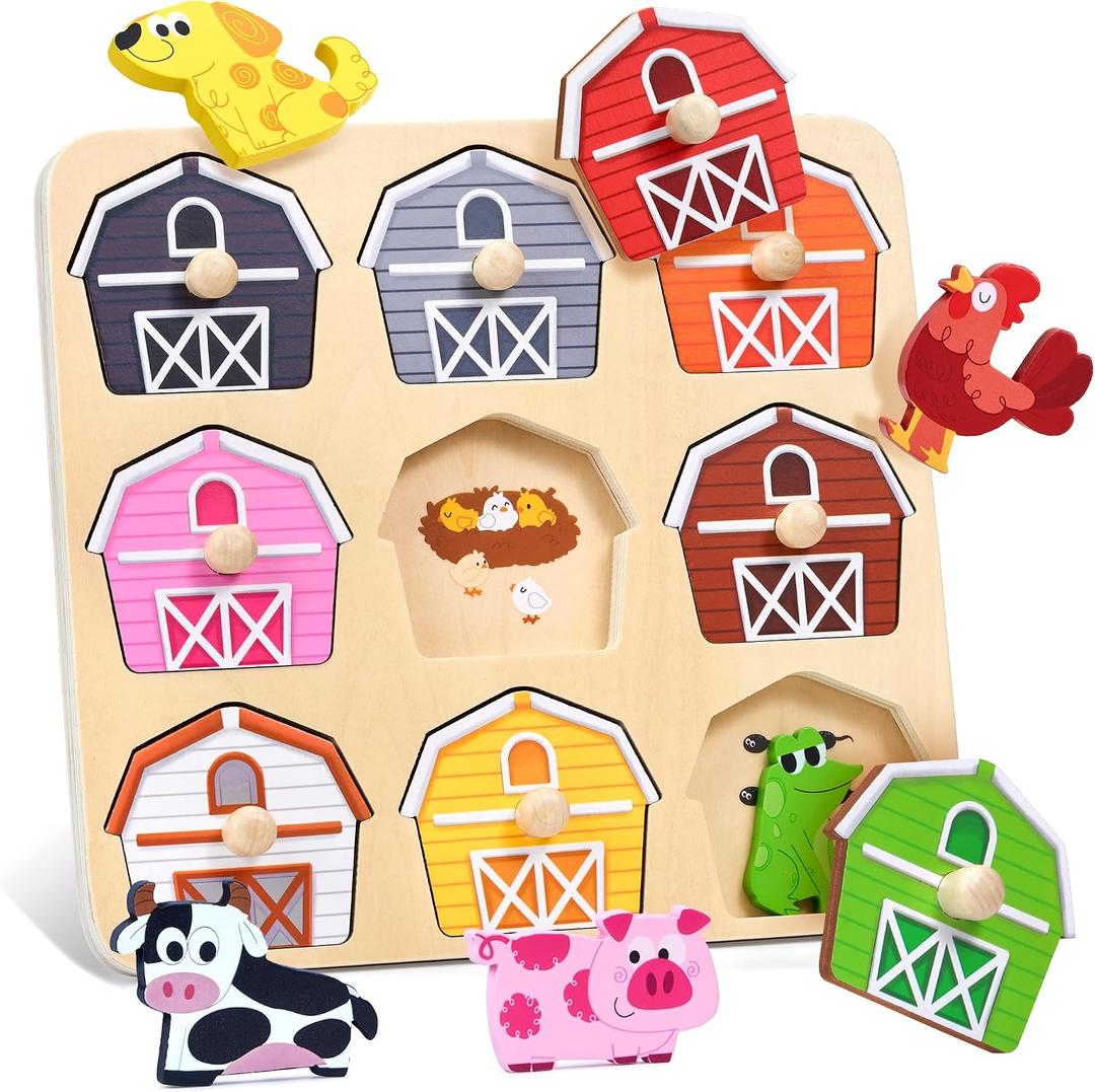 JoyCat Wooden Puzzles for Toddlers 1-3, Montessori Toys for 1 2 Year Old Boy Girl Birthday Easter Gifts, Animal Match Farm Peg Puzzles, Preschool Learning Toys for Toddlers Age 1-2