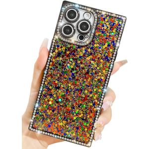 Trendy Girly Glitter Powder Compatible with iPhone 16 Pro Max Rectangle Case, Elegent Cute Slim Women Bling Diamond Rhinestones Plating Phone Cases(Black,16 Pro Max)