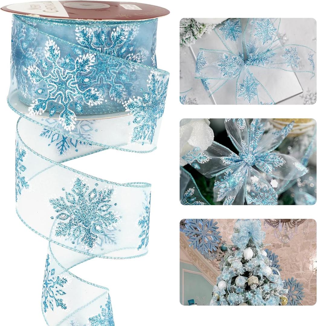 HUIHUANG Snowflake Glitter Wired Ribbon, Blue and White Snowflake Ribbon for Christmas Tree, 2-1/2" x 25 Yards for Tree, Bows Making, Wreaths, Gift Wrapping, Home Decor, Crafts